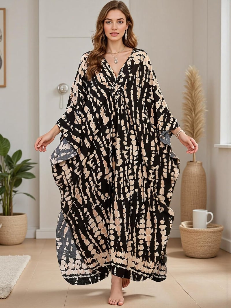 IMAGEKOPE Women's Plus Size Animal Print V-Neck Batwing Kaftan Beach Dress Bathing Suit Cover-Up Loungewear - Image 2